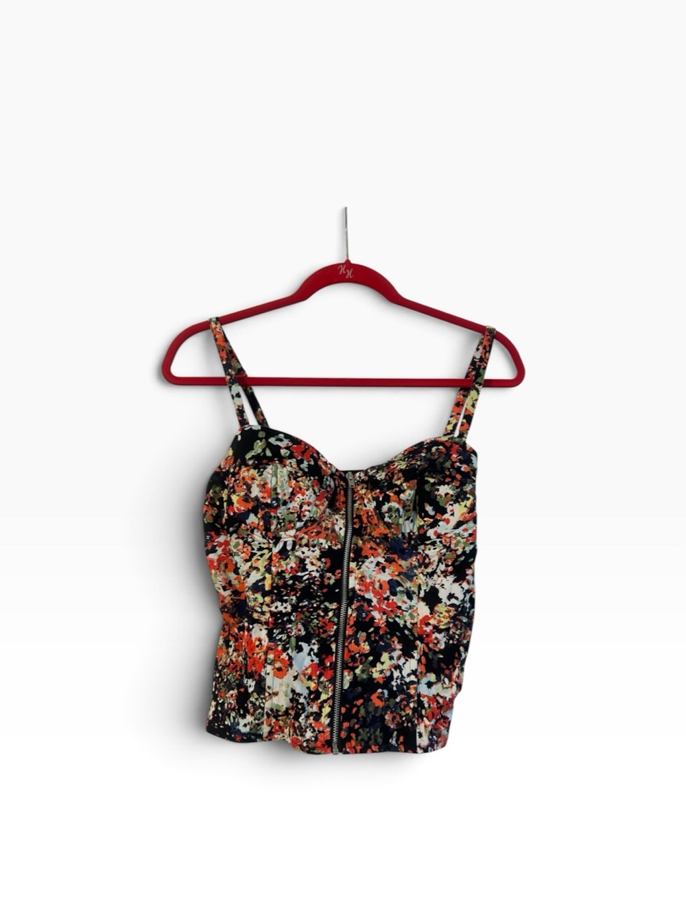 Allen B. Black/Multicolor Floral Zip-Front Bustier Tank Top Size 2